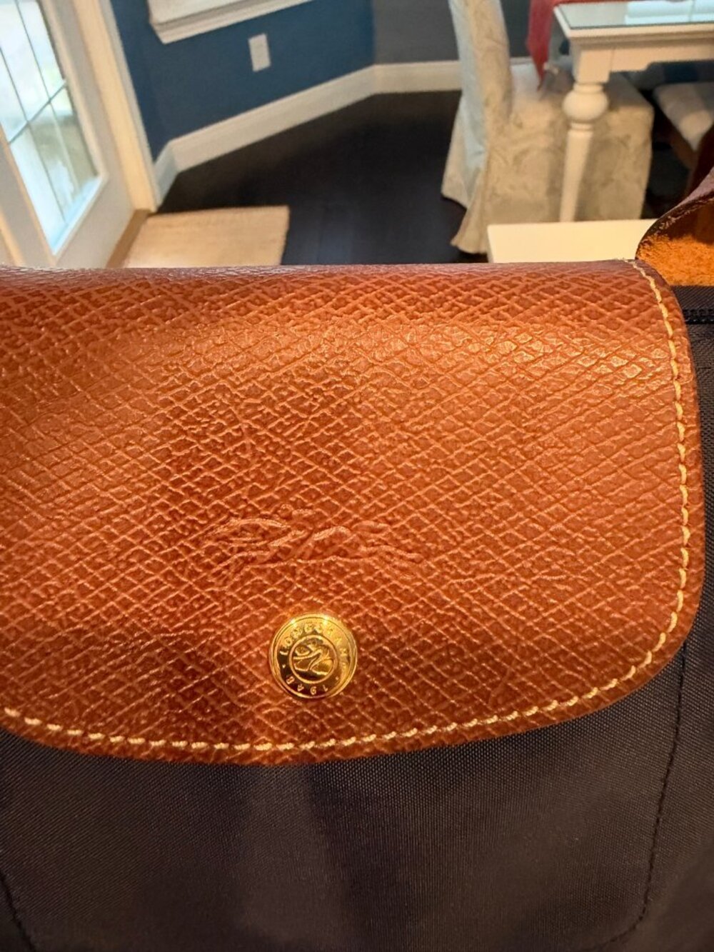 Longchamp Le Pliage Tote — Navy Nylon with Tan Leather Trim